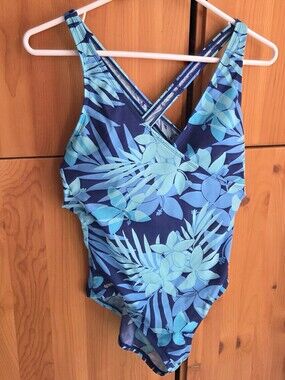 Speedo Blue Floral Cross Front & Back One Piece Swimsuit Size 10